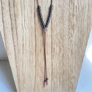 Fossil dainty rose goldtone lariat style necklace with hematite beads pave ball
